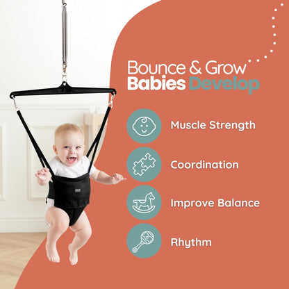 Jolly Jumper ICONIC Doorway Baby Jumper (Black), Indoor Exercise Saddle Seat, Adjustable Height, for Infants up to 28lbs, No Stand Required