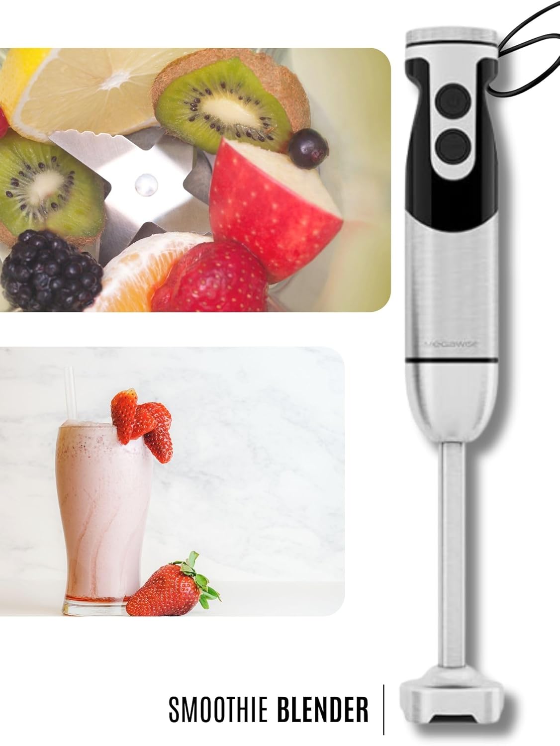 MEGAWISE new Hand Blender Series Only one Hand Blender,no attachments,12-Speed,Includes Powerful Blender Stick- Easy to Clean and Perfect for Smoothies, and More (Black)