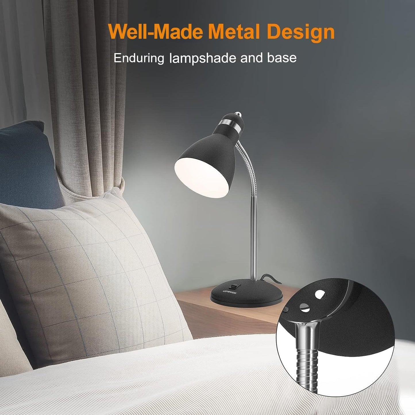 LEPOWER Metal Desk Lamp, Eye-Caring Table Lamp with Adjustable Goose Neck | Bedside Reading Light with Heat Dissipation Design for Bedroom, Home, Office, Dorm, Study, Back to School (Matte Black)
