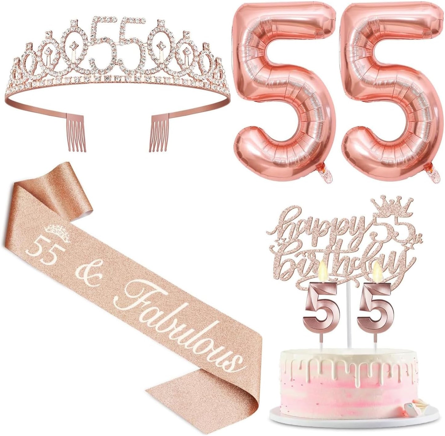 65th Birthday Decorations for Women, Including 65th Birthday Sash and Crown, Cake Topper and Candles, Number Balloons Rose Gold, 65 Year Old Gifts for Women