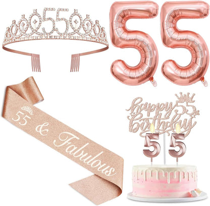 65th Birthday Decorations for Women, Including 65th Birthday Sash and Crown, Cake Topper and Candles, Number Balloons Rose Gold, 65 Year Old Gifts for Women