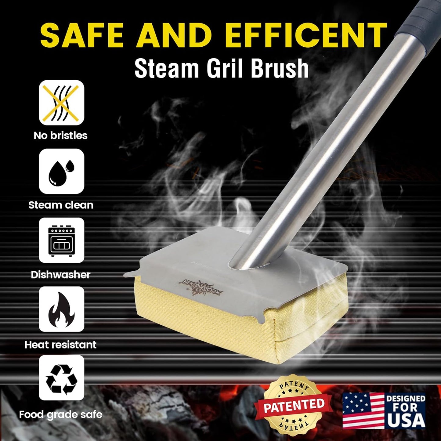 XUDAKAIXIN Grill Brush Bristle Free,BBQ Replaceable Scraper Cleaning Head,Safe Grill Accessories for Cast Iron Grates/Porcelain/Weber Gas/Charcoal Grill,Grill Brush for Outdoor Grill-Yellow