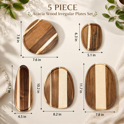 Okllen 5 Pcs Acacia Wood Serving Trays, Irregular Oval Wood Platters (6.3-11.7" L, 5.1-8.2" W), Natural Charcuterie Board for Cheese & Fruit, Rustic Home Decor, Housewarming Gift