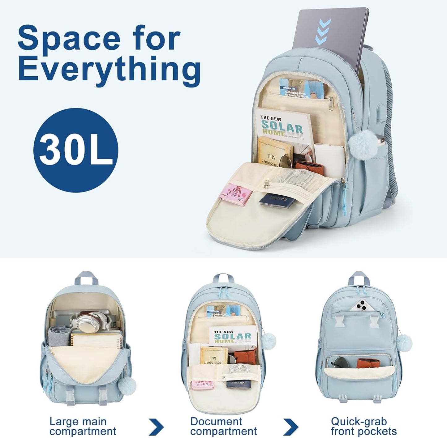 WINDARS Backpacks for Girls, 15.6 Inch School Bag Cute Waterproof laptop Bookbag Large College Backpack for Teen Women Students Anti Theft Travel Daypack Black