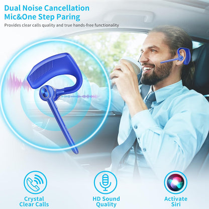 Wireless Headset Bluetooth Earpiece with Dual Noise Canceling Microphone Hands Free Headphones Single Ear Earphone Over Ear Earbud for iPhone Samsung Android Cellphones TV PC Trucker Game Work