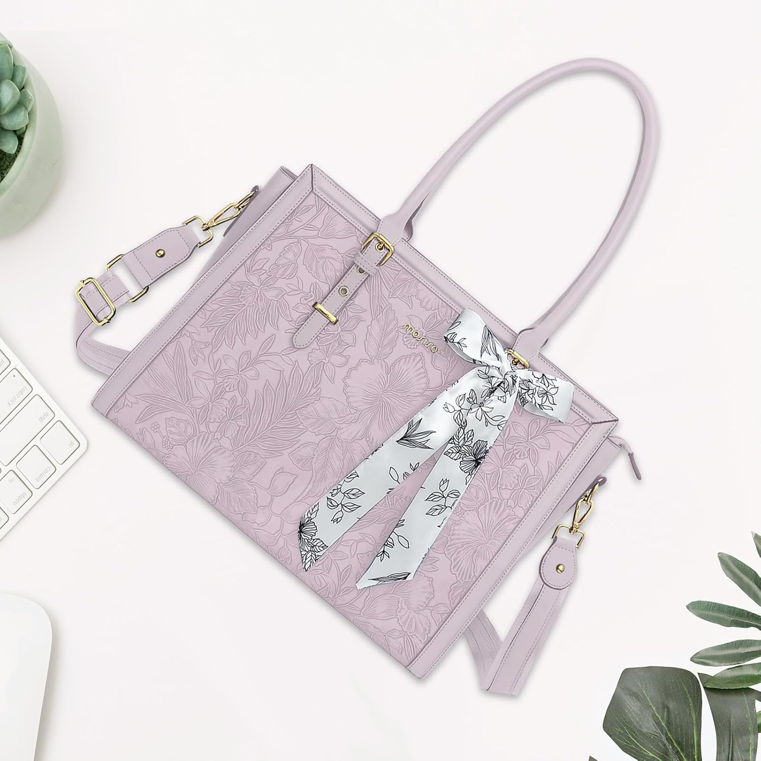 MOSISO Laptop Bag for Women, 17-17.3 inch PU Leathe Tote Bag Compatible with MacBook, HP, Dell, Asus Notebook, Front Embossed Retro Hibiscus Computer Bag with Silk Scarf&Clutch Purse, Gray - PuriLite