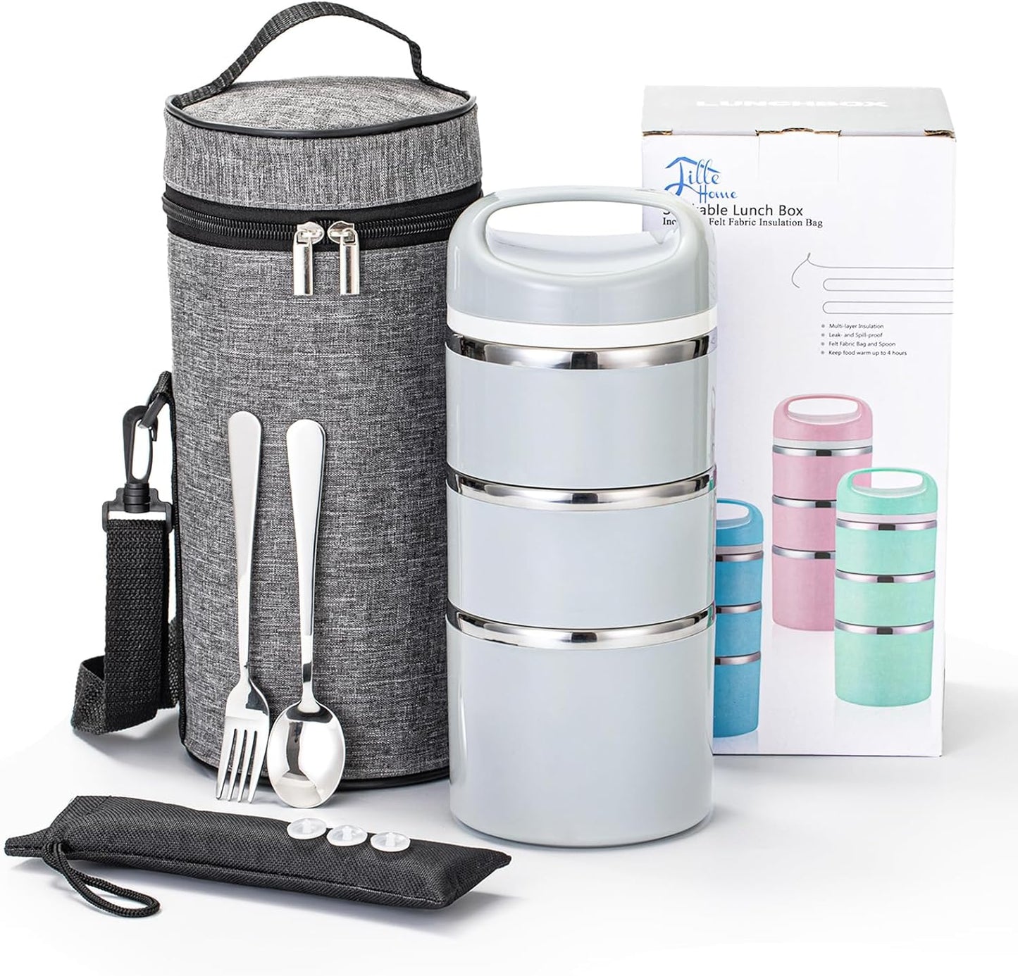 Lille Home Stackable Stainless Steel Thermal Compartment Lunch/Snack Box, 3-Tier Insulated Bento/Food Container with Lunch Bag, Cutlery Set and 3 Extra Seals, 43OZ (Gray)