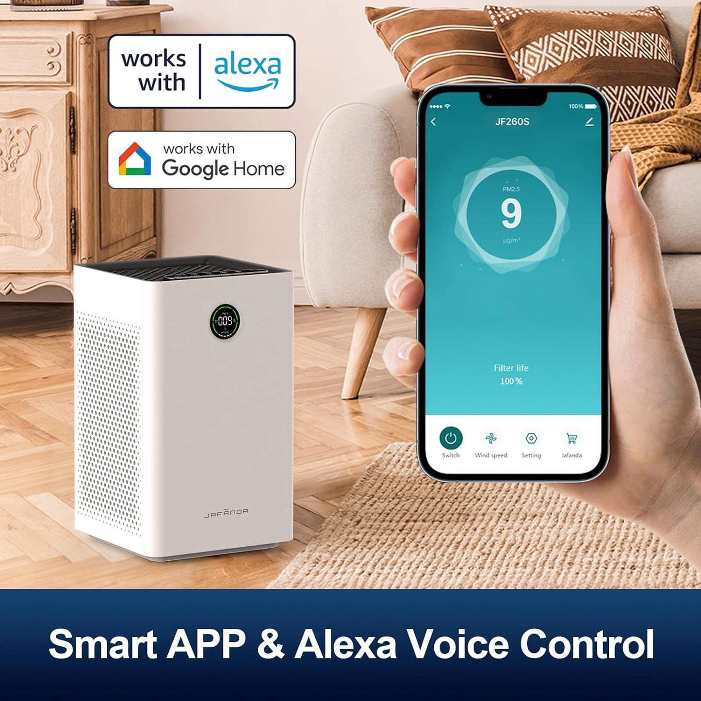 Jafända Air Purifiers for Home Large Room,Smart WiFi and Alexa Control, H13 True HEPA Filter Air Cleaner with Activated Carbon,22db, 1190 sq.ft, Remove Dust Pollen Smoke Odors