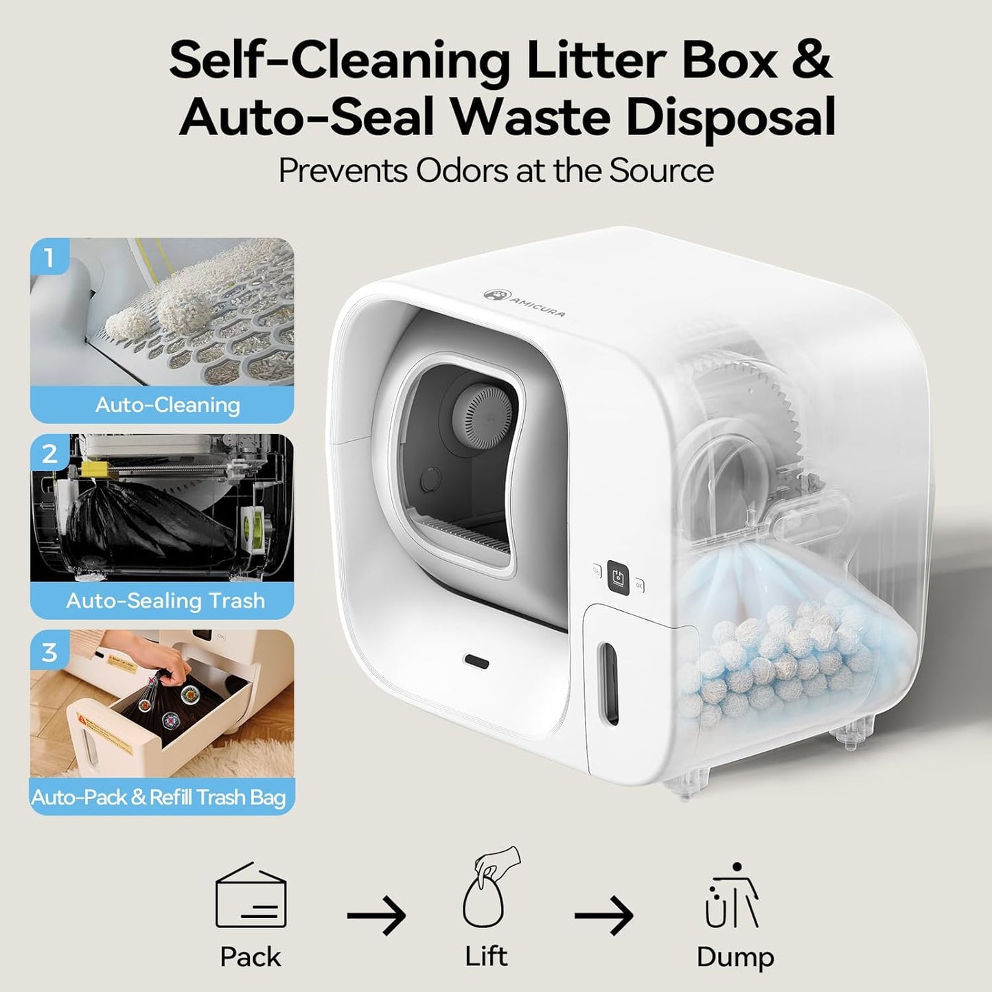 Amicura Automatic Cat Litter Box, Self Cleaning, 360-Degree Detection Smart Anti-Pinch, App Control, Odor-Proof, 65L Extra Large Open-top Cat Litter Box, Ultra Quiet Cat Toilet