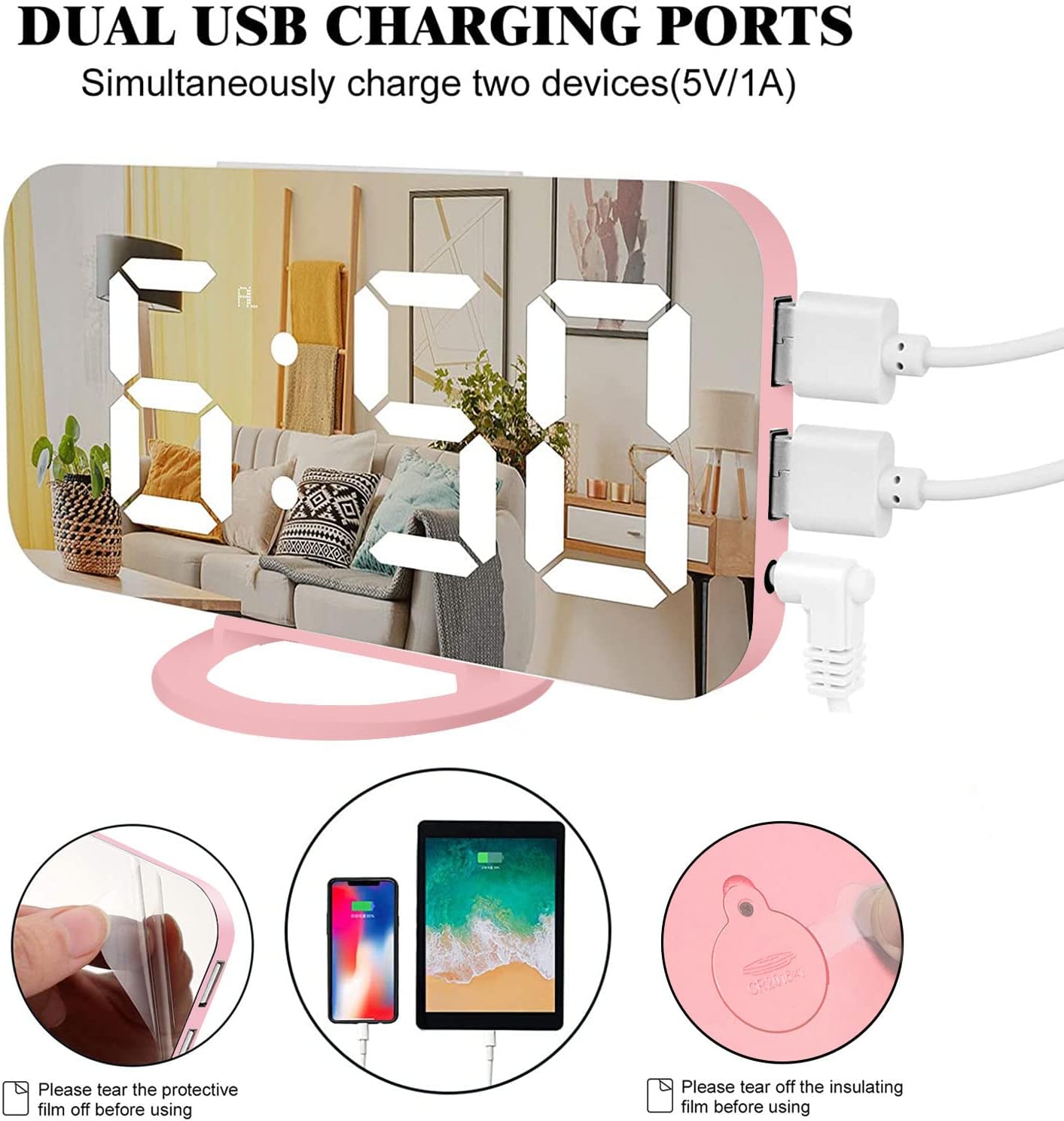 Digital Alarm Clock,Large LED Mirror Display, 2 USB Charging Ports，Auto Dim Mode，Modern Design Clock for Bedroom Office, White