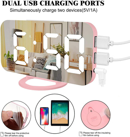 Digital Alarm Clock,Large LED Mirror Display, 2 USB Charging Ports，Auto Dim Mode，Modern Design Clock for Bedroom Office, White