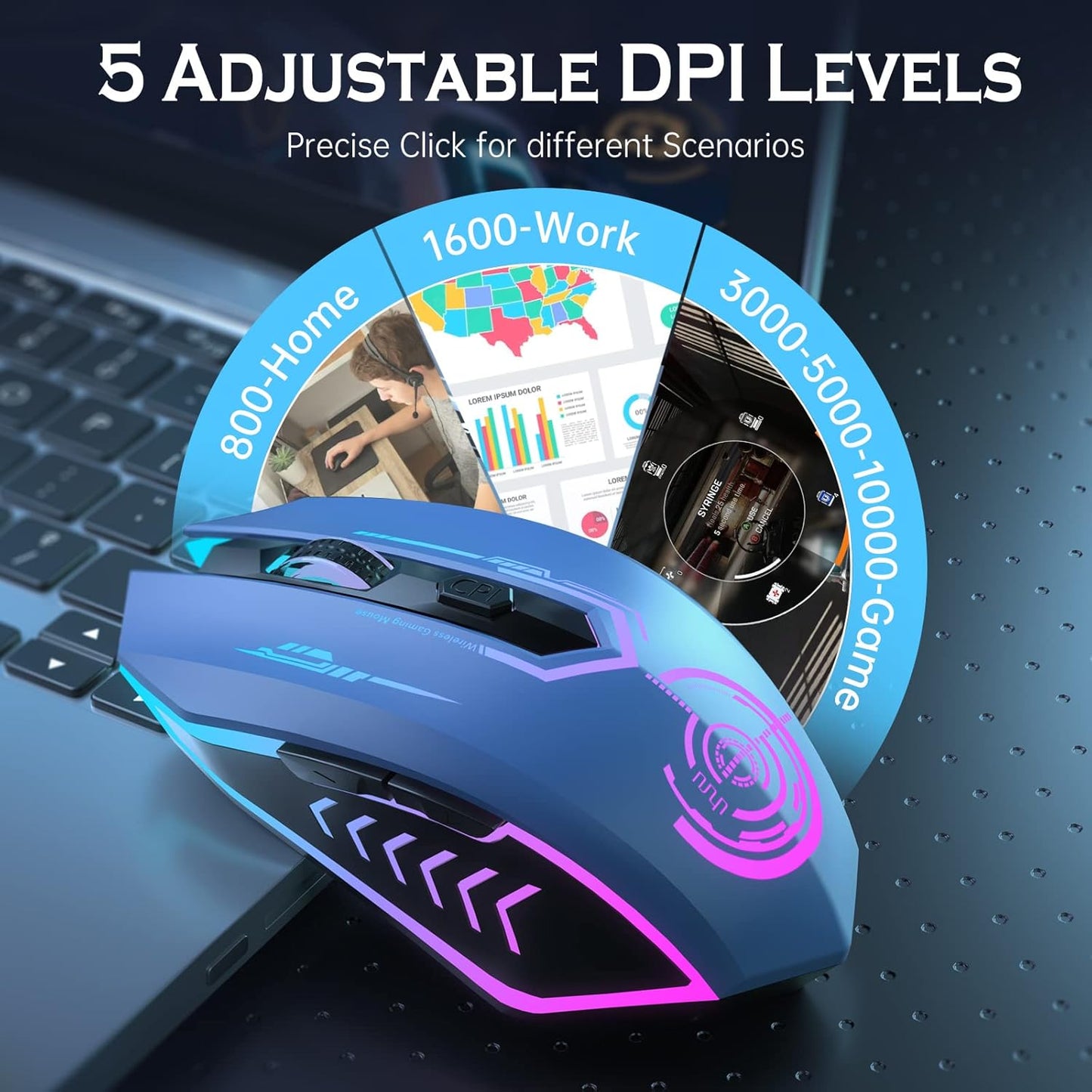 Wireless Gaming Mouse Up to 10000 DPI, UHURU Rechargeable USB Wireless Mouse with 6 Buttons 7 Changeable LED Color Ergonomic Programmable MMO RPG for PC Laptop, Compatible with Windows Mac