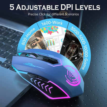 Wireless Gaming Mouse Up to 10000 DPI, UHURU Rechargeable USB Wireless Mouse with 6 Buttons 7 Changeable LED Color Ergonomic Programmable MMO RPG for PC Laptop, Compatible with Windows Mac
