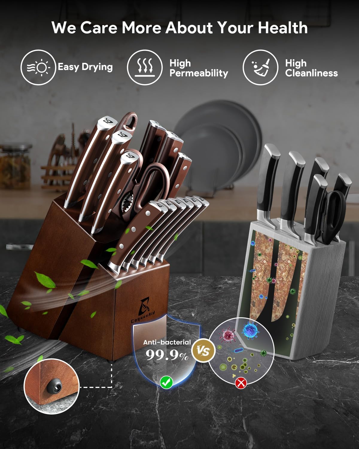 Knife Set with Block, Kitchen Chef Knives Set with Sharpener, Stainless Steel Knife Block Set, 6 Pcs Steak Knife Set Serrated, German Dishwasher Safe, Beveled Design Brown 15 Pieces