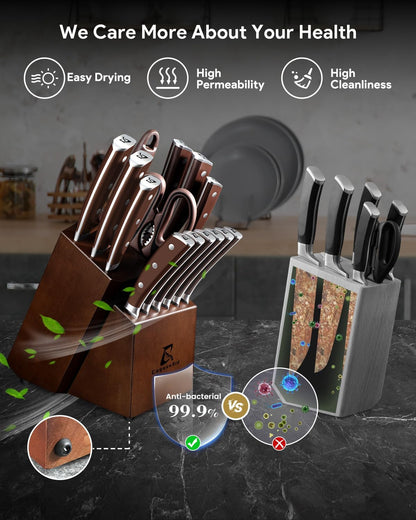 Knife Set with Block, Kitchen Chef Knives Set with Sharpener, Stainless Steel Knife Block Set, 6 Pcs Steak Knife Set Serrated, German Dishwasher Safe, Beveled Design Brown 15 Pieces