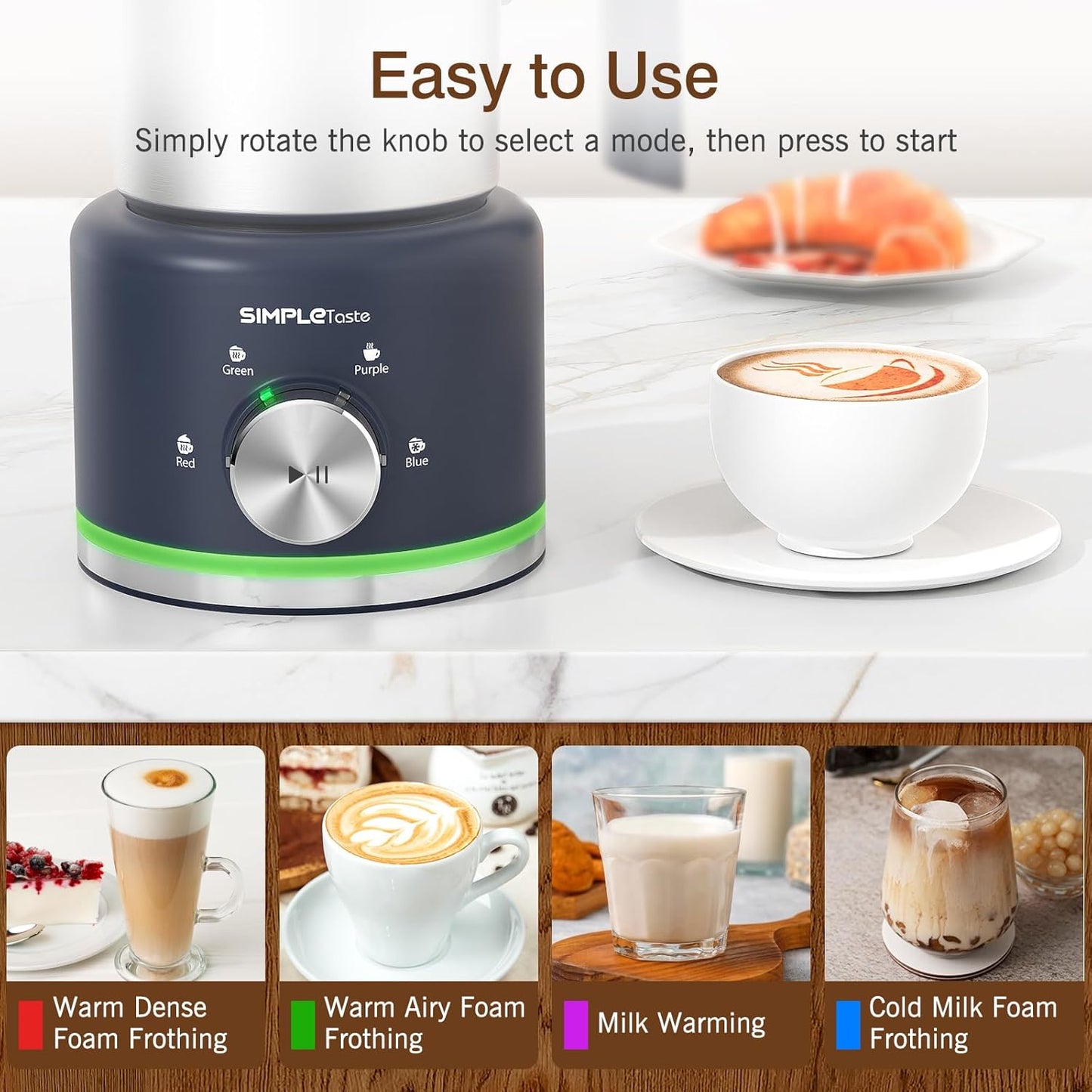 SIMPLETASTE Milk Frother, 4 in 1 Electric Milk Steamer, 16.91oz/500ml Automatic Warm and Cold Foam Frother for Coffee, Latte, Macchiato, Cappuccino, Hot Chocolate