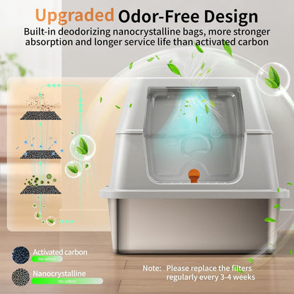 Eosarcu Stainless Steel Cat Litter Box with Lid, 180° Flip-Top XL Extra Large Enclosed Litter Box, Covered Metal High Sided Litter Pan with Steps & Scoop, Easy Cleaning, Odor Control,Non-Sticky-Black