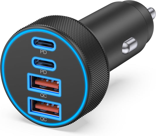 [4 in 1] USB C Car Charger, 4-Port 90W Super Fast Charging Cigarette Lighter Adapter, Dual 45W USBC & USB-A Multiport Car Phone Charger Accessories for iPhone 17 16 15 14 13 12, iPad, Galaxy, Tablet