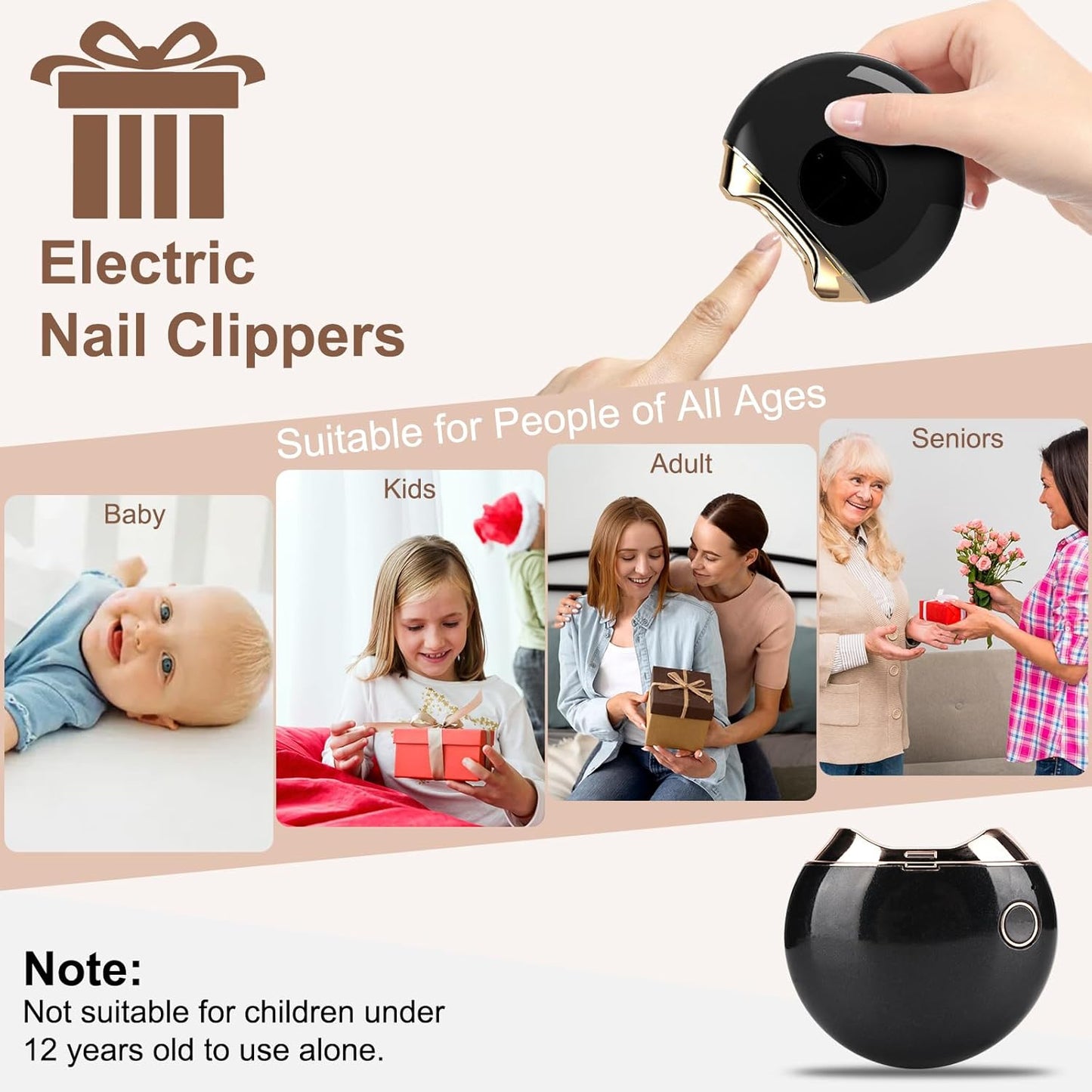 VINGVO Automatic Nail Clipper, 2 in 1 Electric Baby Nail Trimmer, 2 Speeds Rechargeable, USB Rechargeable, Safety Fingernail Trimmer with Nail Scraps Storage for Adults, Seniors, Babies (Black)