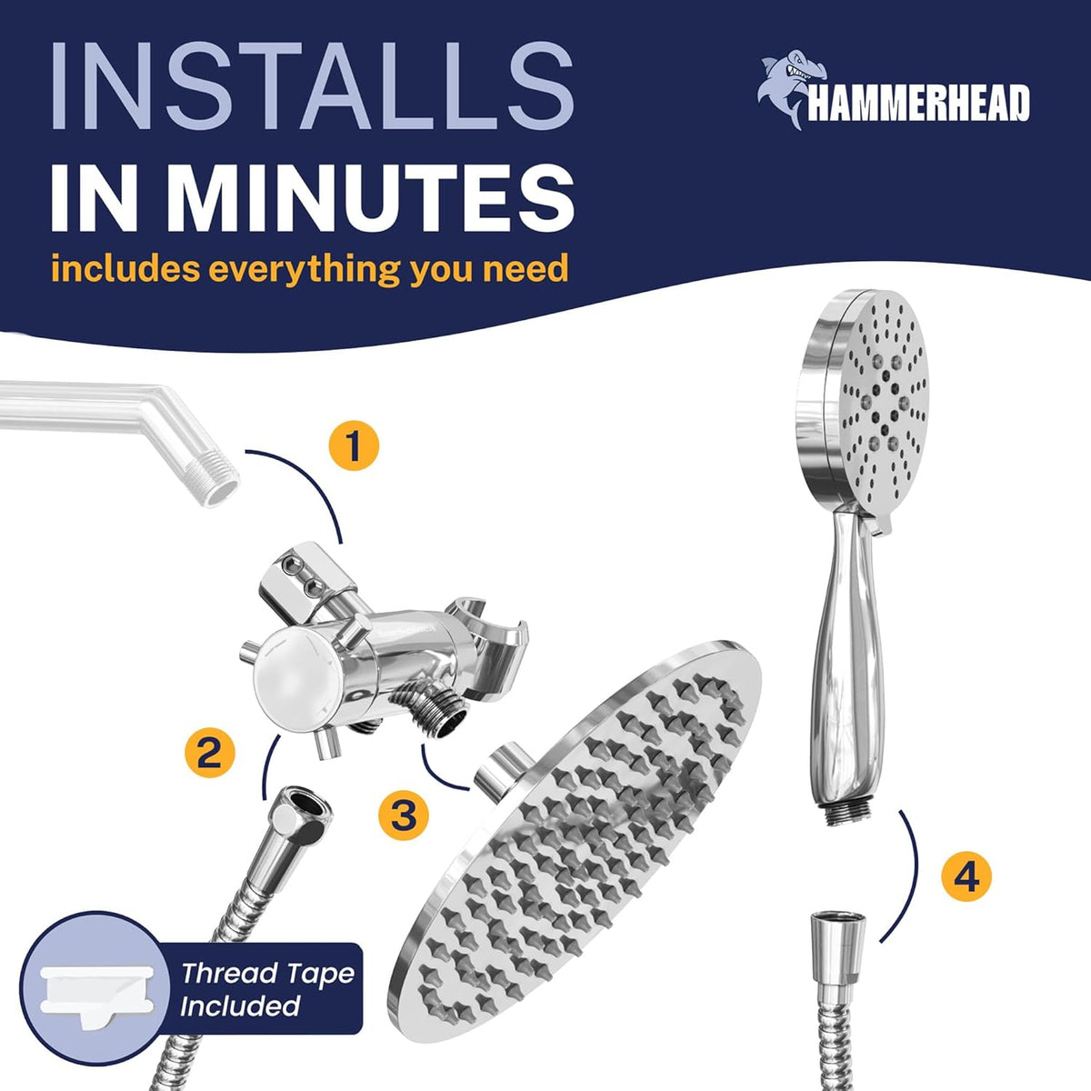 HammerHead Showers Dual Shower Head Combo, 8-Inch Rainfall & 3-Flow Handheld, Chrome, 2.5 GPM