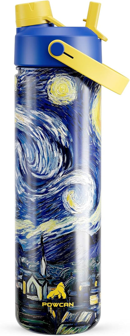 POWCAN 26 oz Insulated Water Bottle with 2-in-1 Straw and Spout Lid, Keep Cold 24H, Leak-Proof, Fits in Car Cup Holder, Stainless Steel Water Bottle for Sports, Travel, and School (Cotton Candy)