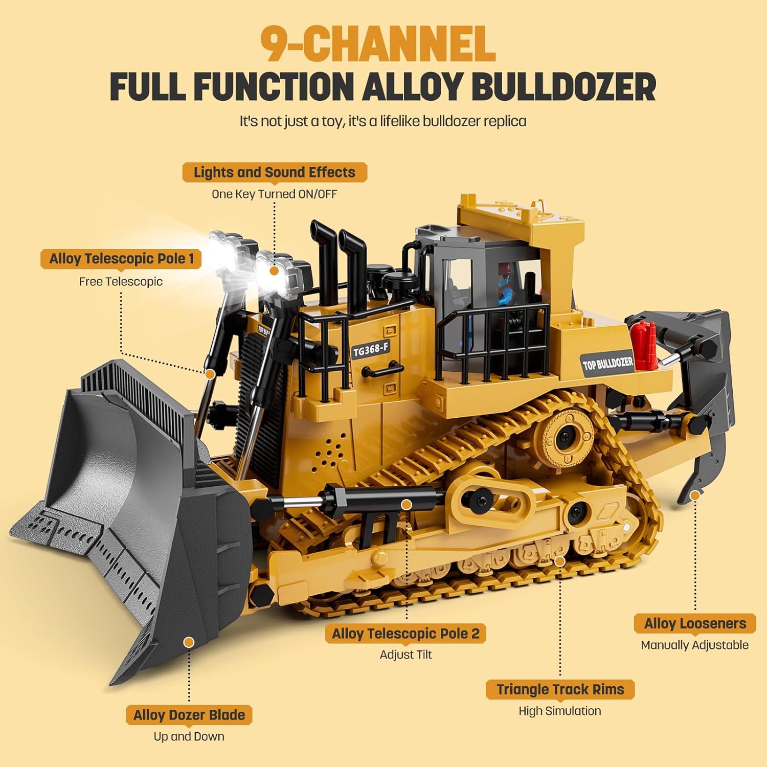 Remote Control Bulldozer Toy for Kids – 9-Channel RC Construction Vehicle with Metal Blade, Lights & Sound, 1:20 Scale Alloy Dozer for Boys Ages 3+, Rechargeable - PuriLite