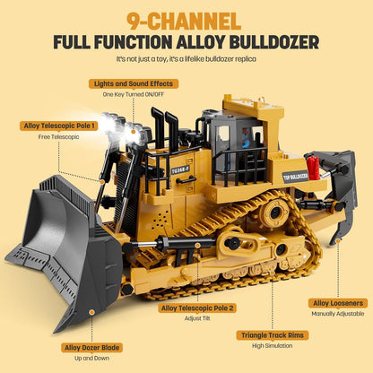Remote Control Bulldozer Toy for Kids – 9-Channel RC Construction Vehicle with Metal Blade, Lights & Sound, 1:20 Scale Alloy Dozer for Boys Ages 3+, Rechargeable - PuriLite
