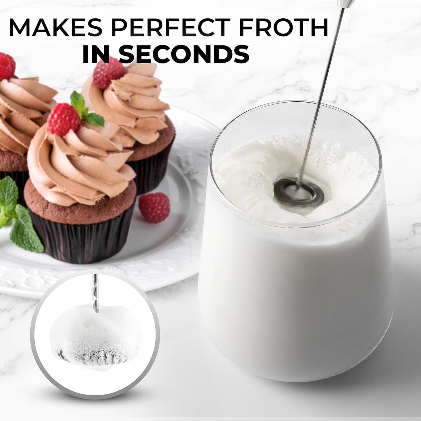 Zulay Kitchen Powerful Double Whisk Milk Frother Handheld - Foam Maker with Stand - Whisk Drink Mixer for Coffee, Mini Foamer for Latte, Matcha, Frappe, Hot Chocolate & Cappuccino (Black)