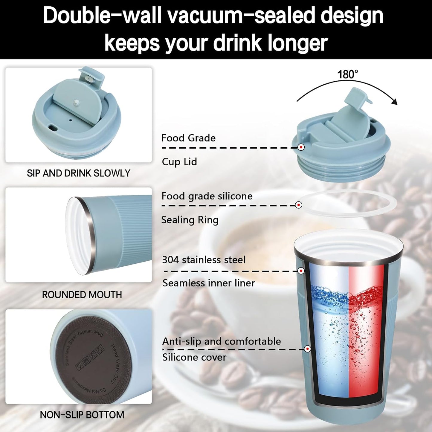 18oz Mug with Ceramic Coating Inside, Insulated Coffee Mug with Lid, Leak Proof Coffee Travel Mug, Travel Coffee Mug Fits in Car Cup Holder