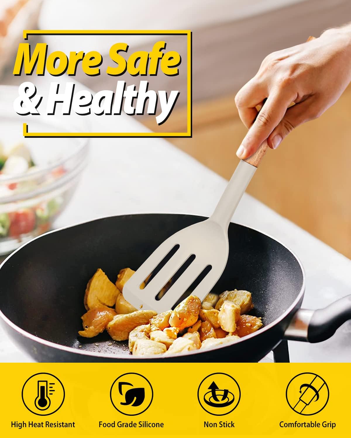 Silicone Cooking Spatula Set | Heat Resistant Turner | Non Stick Kitchen Spatula | Wooden Handle Cooking Tool | Frying Baking Utensils - PuriLite