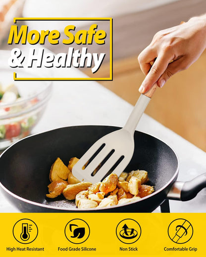 Silicone Cooking Spatula Set | Heat Resistant Turner | Non Stick Kitchen Spatula | Wooden Handle Cooking Tool | Frying Baking Utensils - PuriLite