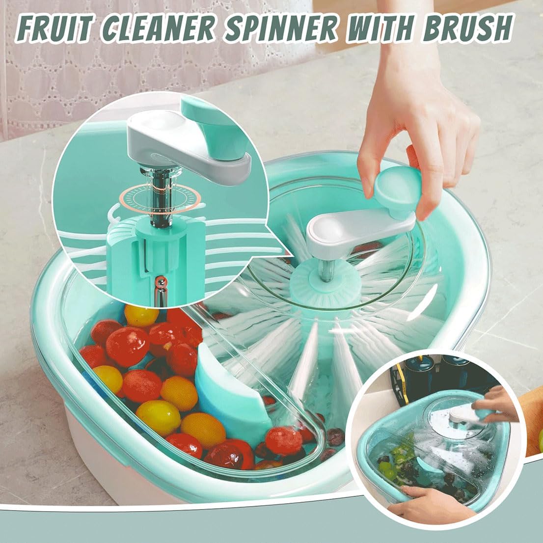 Fruit Cleaner Spinner, Fruit Cleaner Spinner with Brush, Fruit Washer Spinner Bowl, Portable Fruit Cleaner Bowl, Fruit and Vegetable Washing Machine with Lid for Kitchen (Blue)
