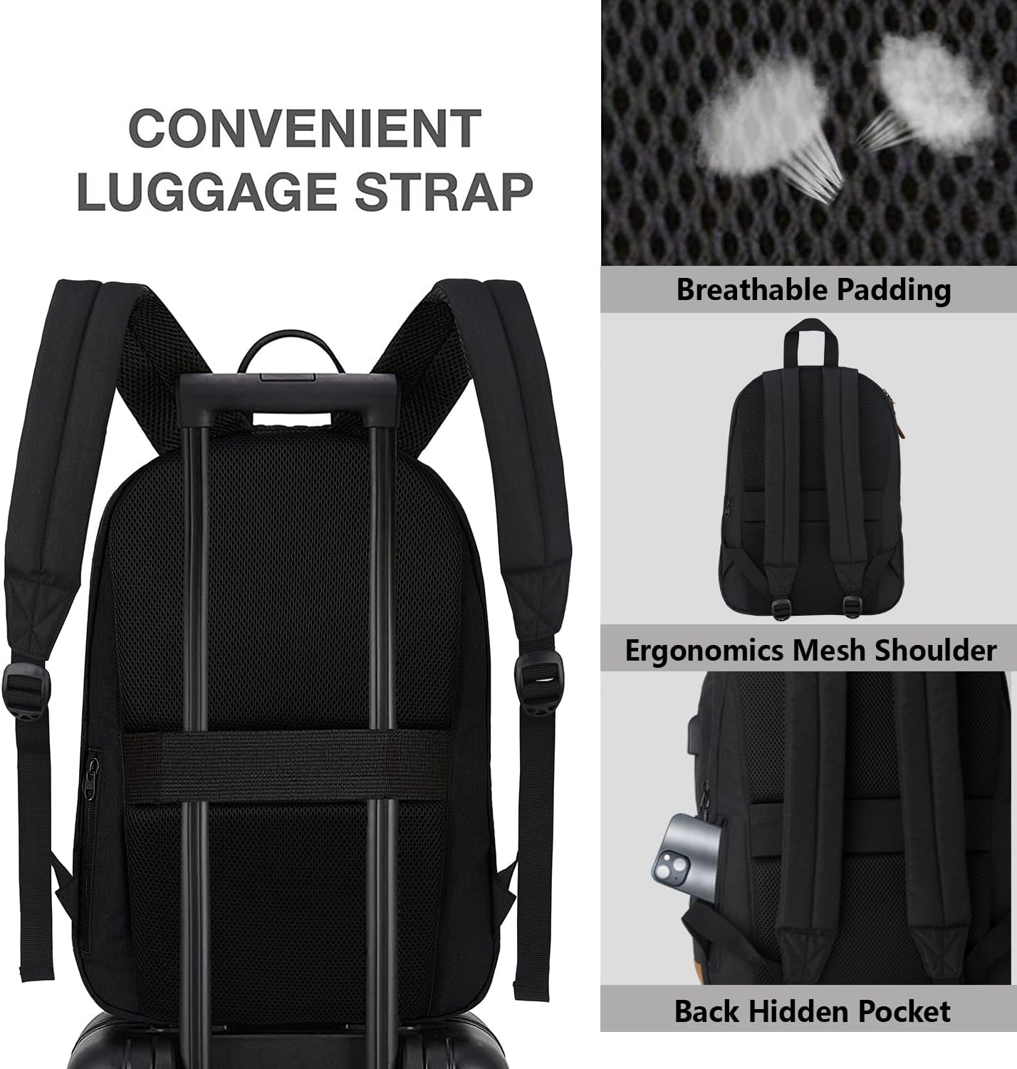 KEOFID classic carry-on travel backpack for men and women, Anti theft laptop backpack with USB charging port, large backpack for college(dark black）