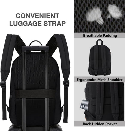 KEOFID classic carry-on travel backpack for men and women, Anti theft laptop backpack with USB charging port, large backpack for college(dark black）