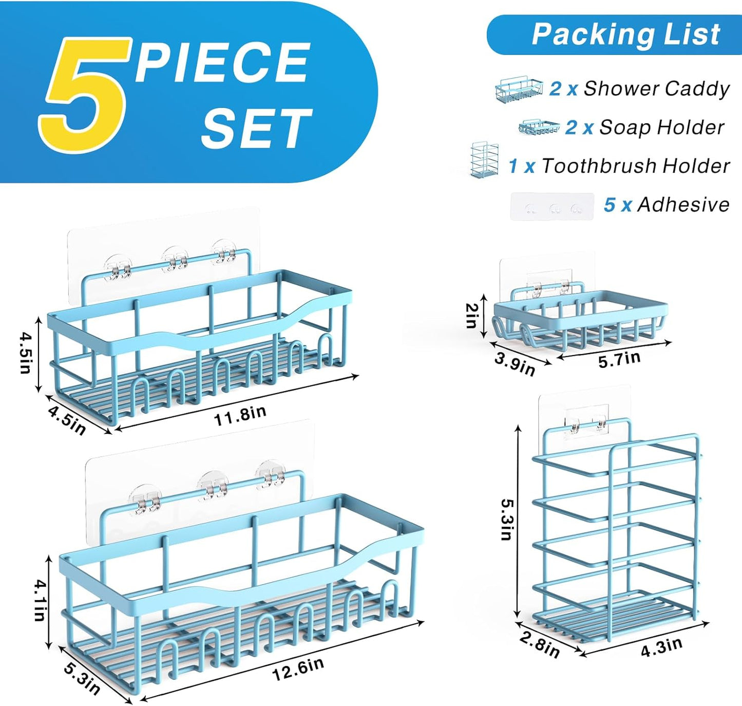 EUDELE 5-Pack Rustproof Stainless Steel Shower Caddy – No Drill Adhesive Bathroom Organizer with Large Capacity, Spacious Shower Shelves for Inside Shower, Kitchen & Home Decor Storage