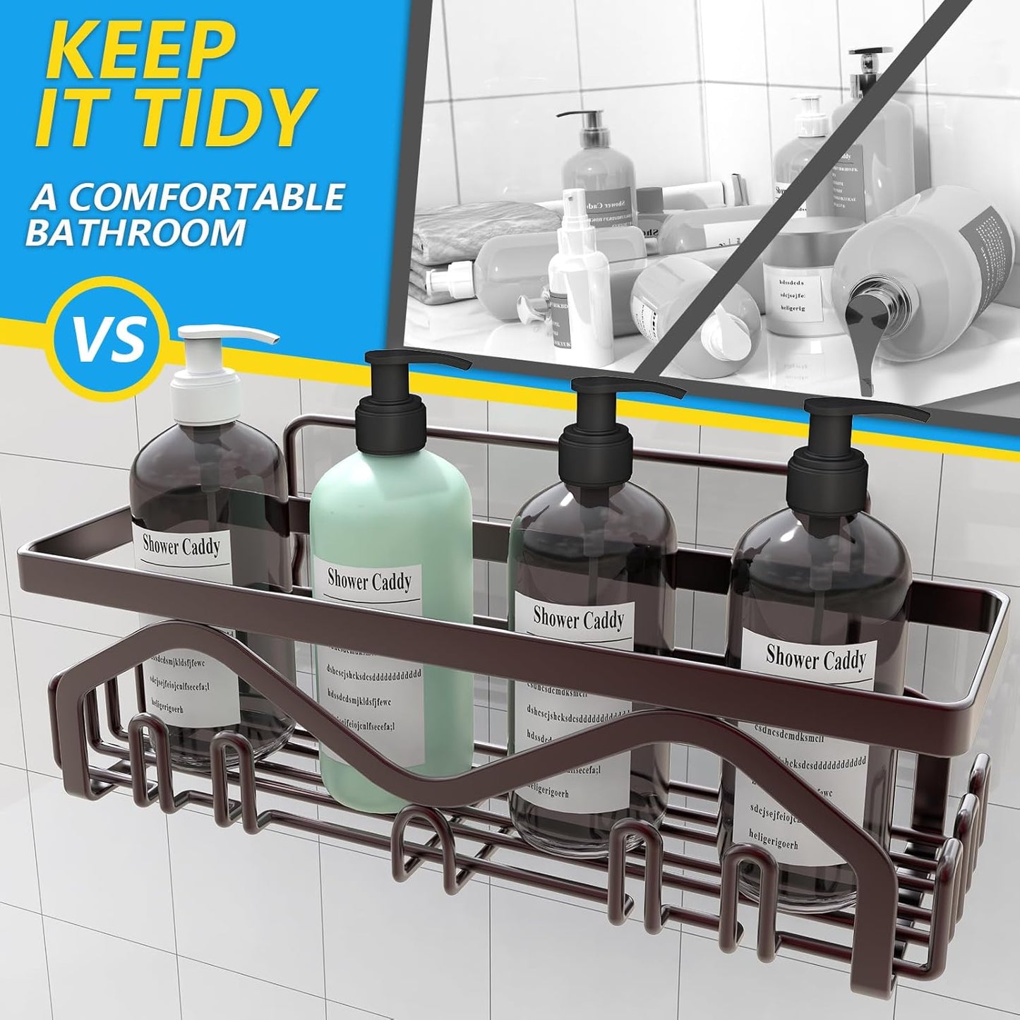 Coraje Adhesive Shower Caddy, 5-Pack Shower Shelves, Large Capacity Load Bearing 40 LBS Shower Organizer, No Drilling Shower Shelf, Rustproof Stainless Steel Bathroom Shower Storage, Black