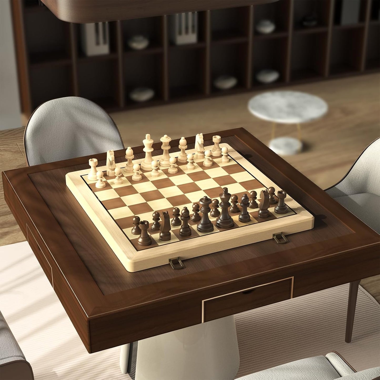 Puecrof 15" Wooden Folding Chess & Checkers Set – 2-in-1 Board Game with Staunton Chess Pieces, 3" King, Extra Queens, Classic Strategy Game for Adults & Kids - PuriLite