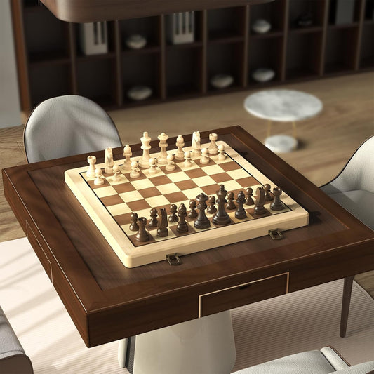 Puecrof 15" Wooden Folding Chess & Checkers Set – 2-in-1 Board Game with Staunton Chess Pieces, 3" King, Extra Queens, Classic Strategy Game for Adults & Kids - PuriLite