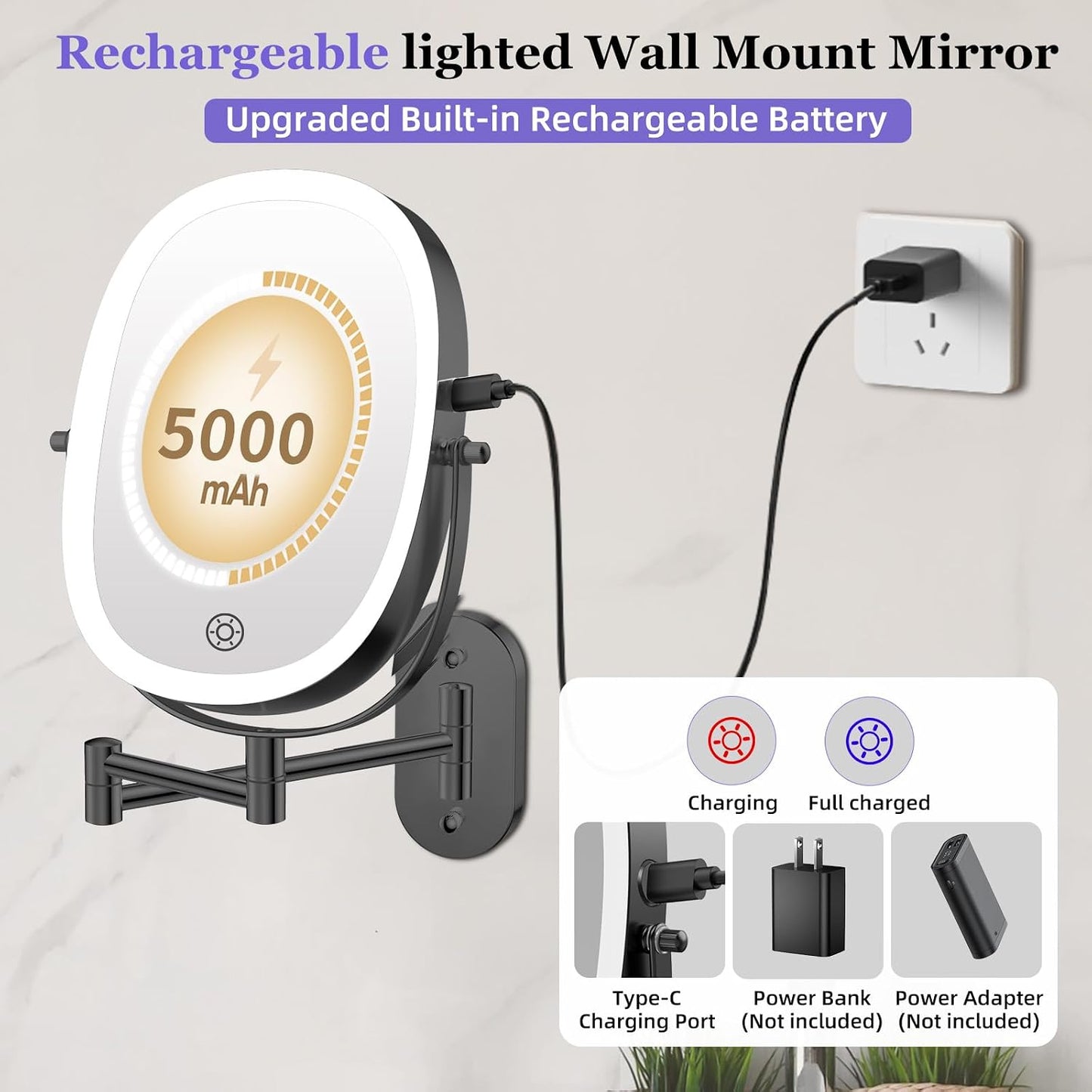 FUNTOUCH 5000mAh Rechargeable Wall Mounted Makeup Mirror, Double Sided Touch Switch 20X/1X Rectangle Wall Mounted Magnifying Mirror with Light, 3 Color Setting, Extended Arm 360°Swivel Foldable,Black
