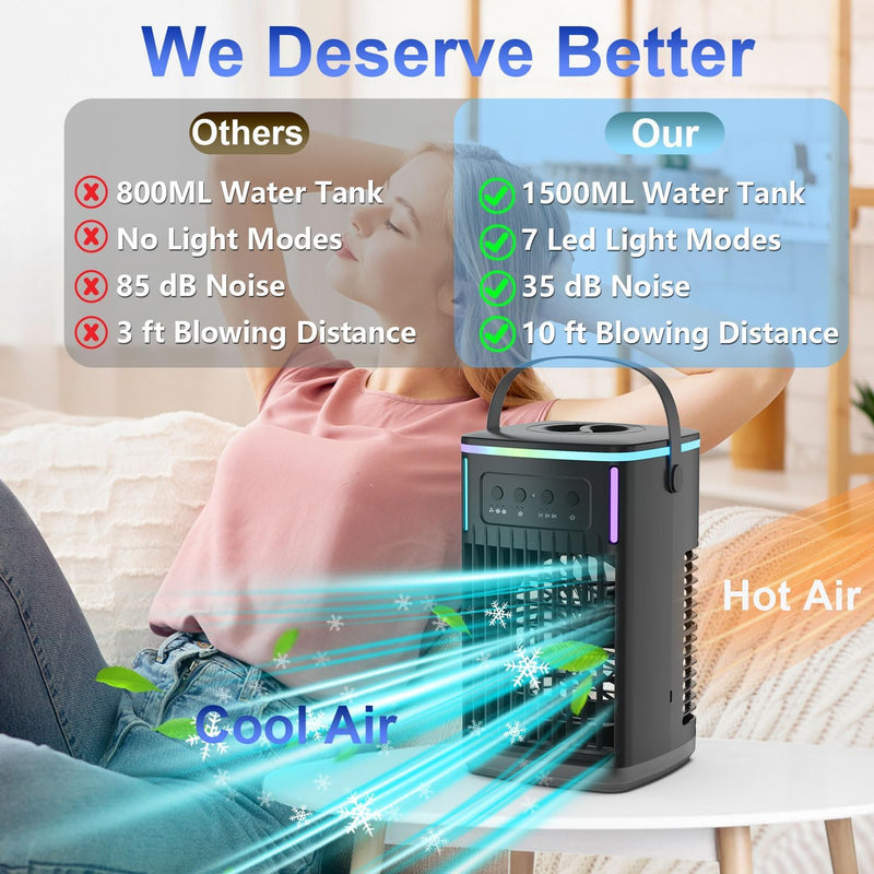 Portable Air Conditioners Fan with Remote, 4-in-1 Portable AC with 1500ml Water Tank, 3 Wind Speeds, 6H Timer, 2 Cool Mist, 7 Lights, Personal Mini Air Conditioner for Room Bedroom Office (Black)
