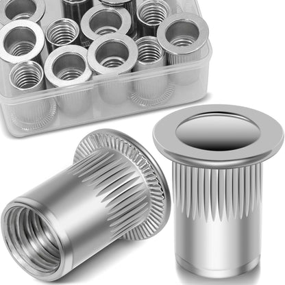 Vifmy Metric & SAE Rivet Nut Assortment Kit(420 Pcs),m3 m4 m5 m6 m8 m10 m12#6-32#8-32#10-24 1/4"-20 5/16"-18 3/8"-16 UNC Flat Head Rivnut Set,Zinc Plated Finish Carbon Steel Nutsert