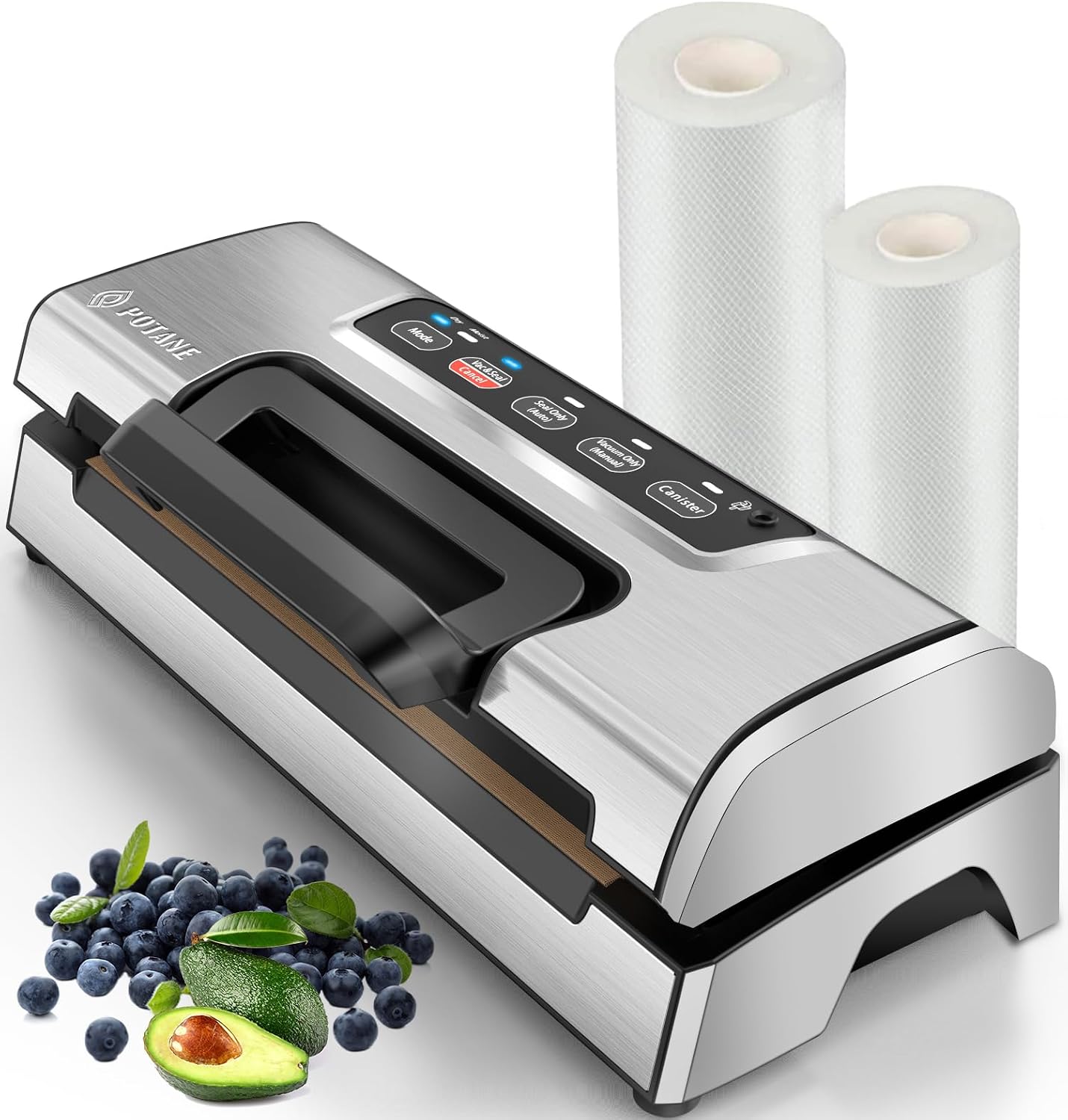 Vacuum Sealer Machine, Potane Commercial Pro Vacuum Food Sealer with Easy-Lock Handle, Built-in Cutter and Bag Storage, Dry&Moist Food Modes, Auto&Manual Sealing Options, 2 Bags Rolls, Stainless Steel