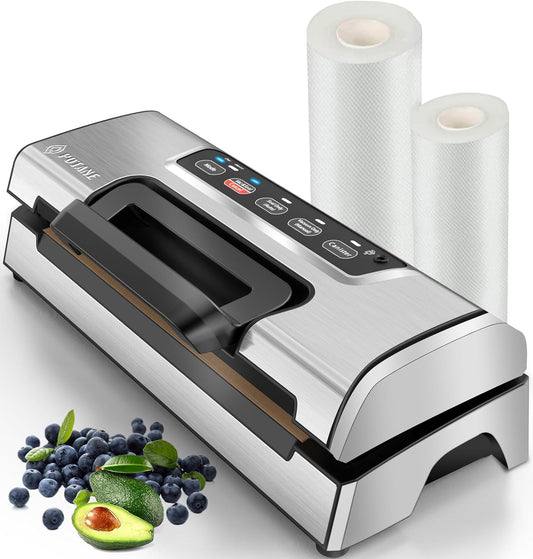 Vacuum Sealer Machine, Potane Commercial Pro Vacuum Food Sealer with Easy-Lock Handle, Built-in Cutter and Bag Storage, Dry&Moist Food Modes, Auto&Manual Sealing Options, 2 Bags Rolls, Stainless Steel