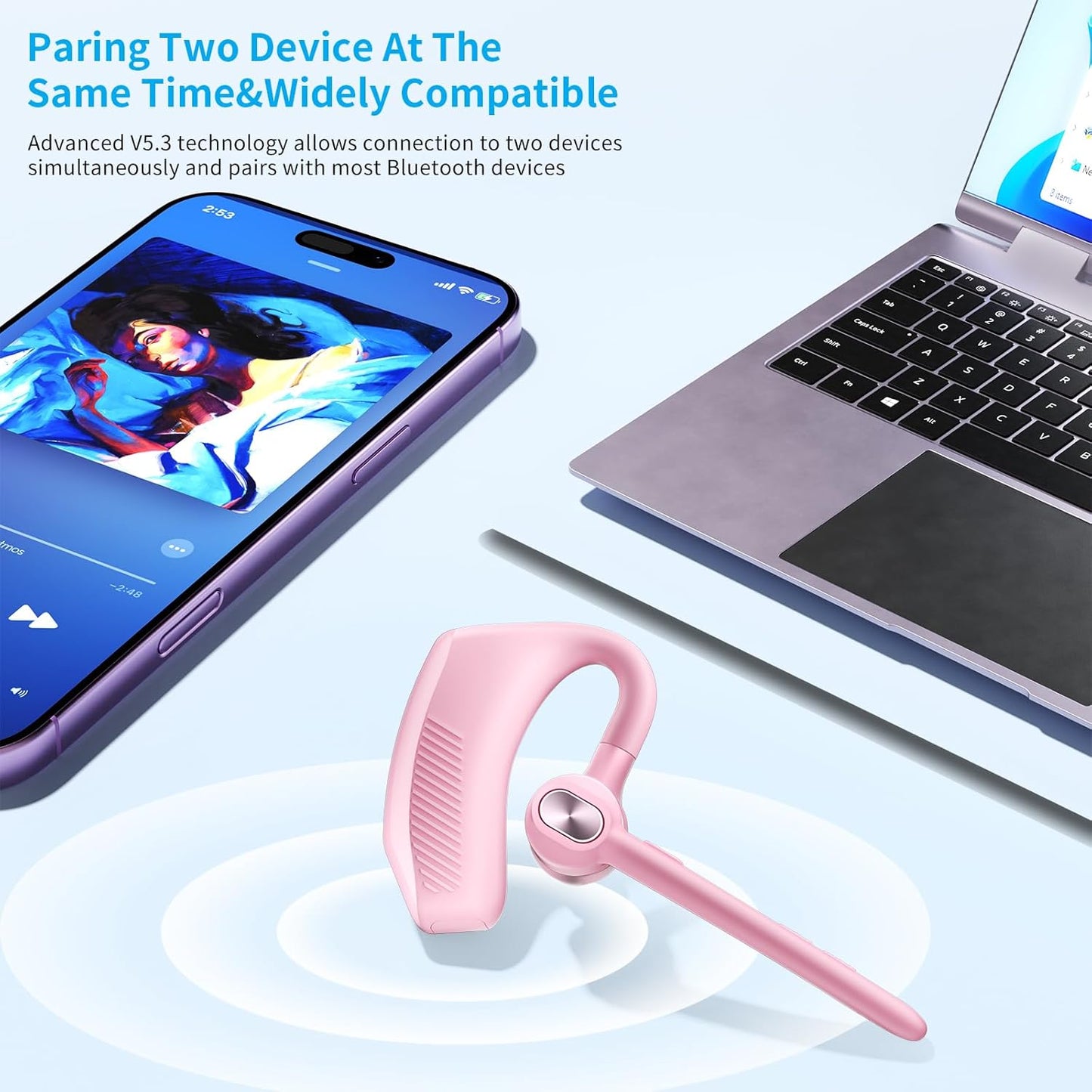 Wireless Headset Bluetooth Earpiece with Dual Noise Canceling Microphone Hands Free Headphones Single Ear Earphone Over Ear Earbud for iPhone Samsung Android Cellphones TV PC Trucker Game Work