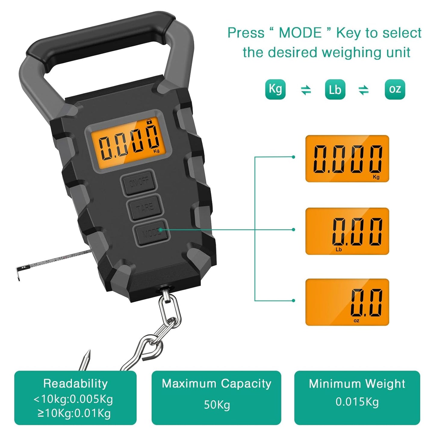 ORIA Fish Scale Digital, Fishing Scale, Fish Scale with Ruler, 50kg/110lb Electronic Digital Luggage Scale, Waterproof, Backlit LCD Display (Gray)