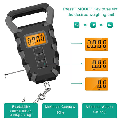 ORIA Fish Scale Digital, Fishing Scale, Fish Scale with Ruler, 50kg/110lb Electronic Digital Luggage Scale, Waterproof, Backlit LCD Display (Gray)