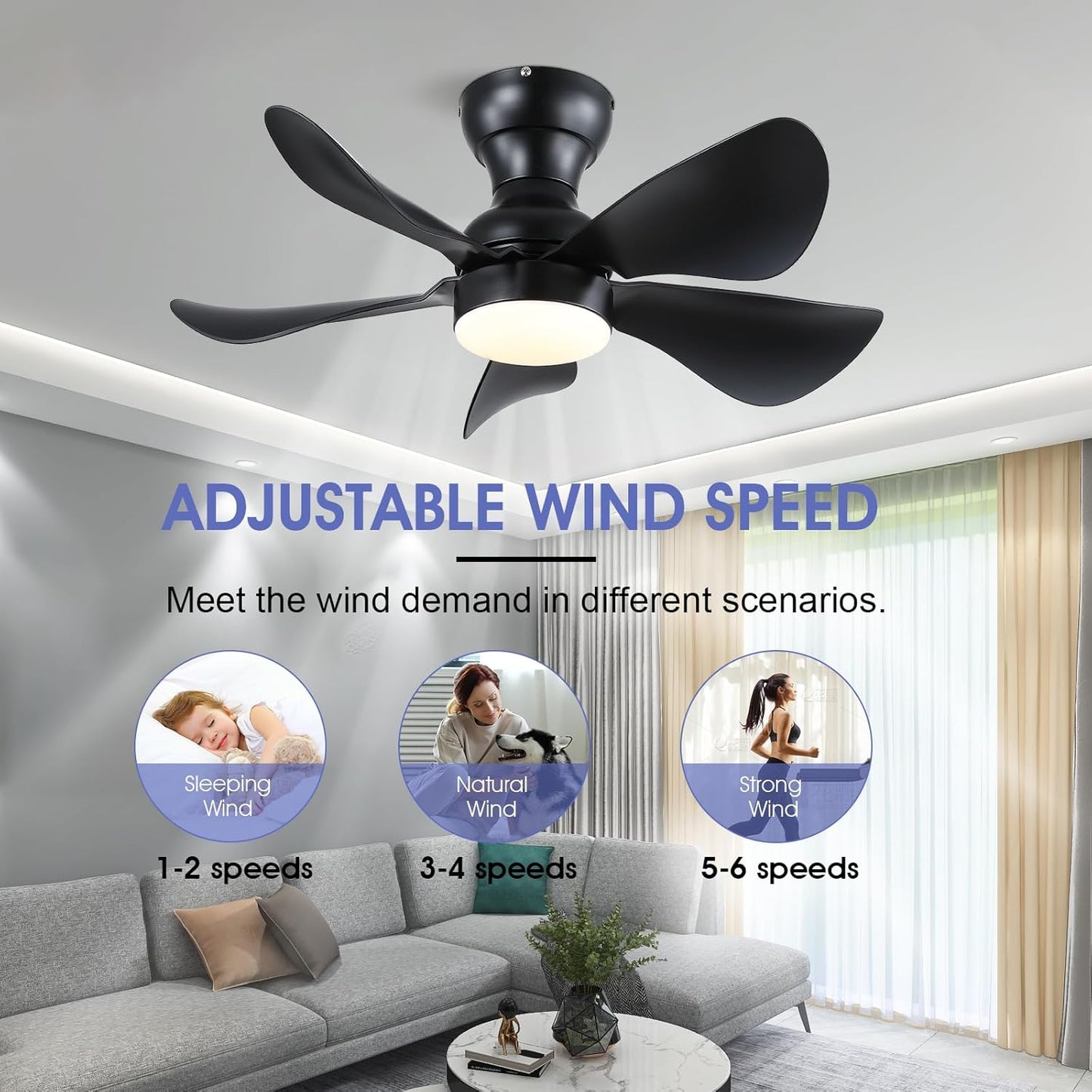 Modern Ceiling Fans with Lights Remote/APP Control, 29" Flush Mount Ceiling Fans with 3 CCT Dimmable Lights, Low Profile Ceiling Fans with 5 Propeller Blades LED Lights for Kids Room Bedroom, Brown - PuriLite