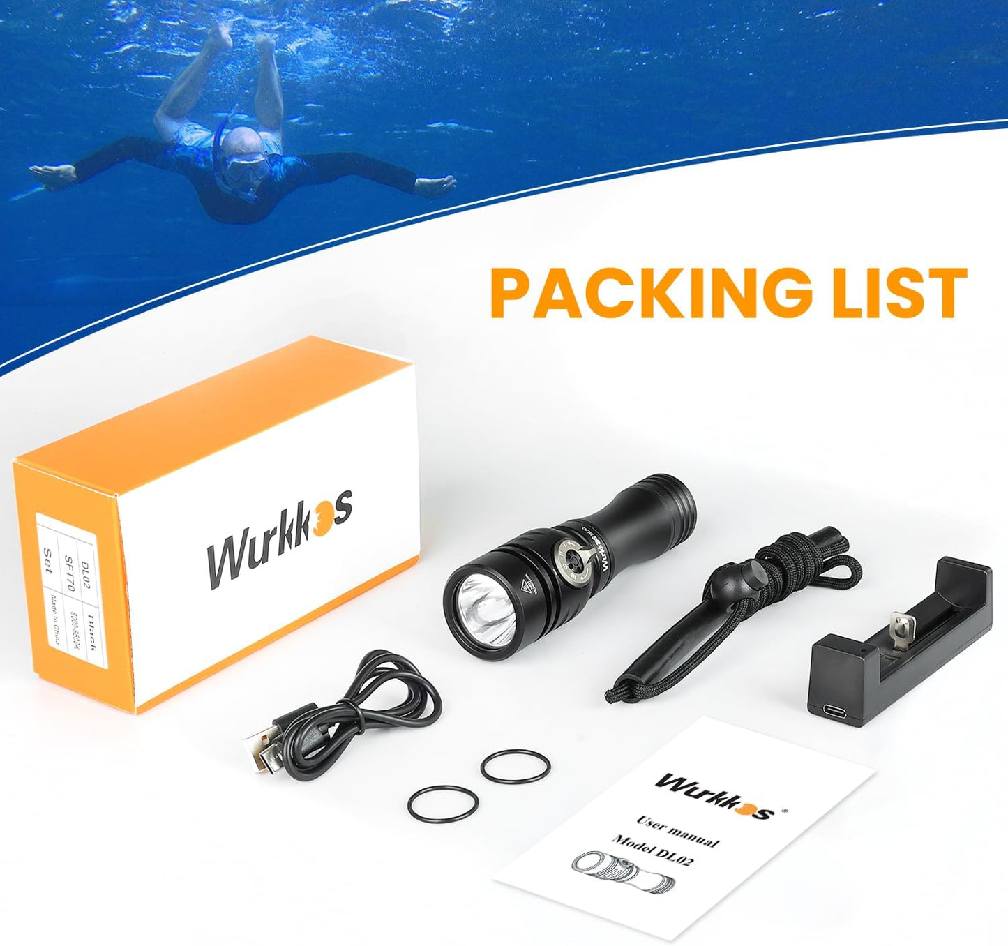 Wurkkos DL02 Scuba Diving Flashlight, Max 3000Lumen, 496M Long Range, 100M Underwater, Power Indicator, 3 Lighting Modes, Submarine Light for Deep Sea Cave