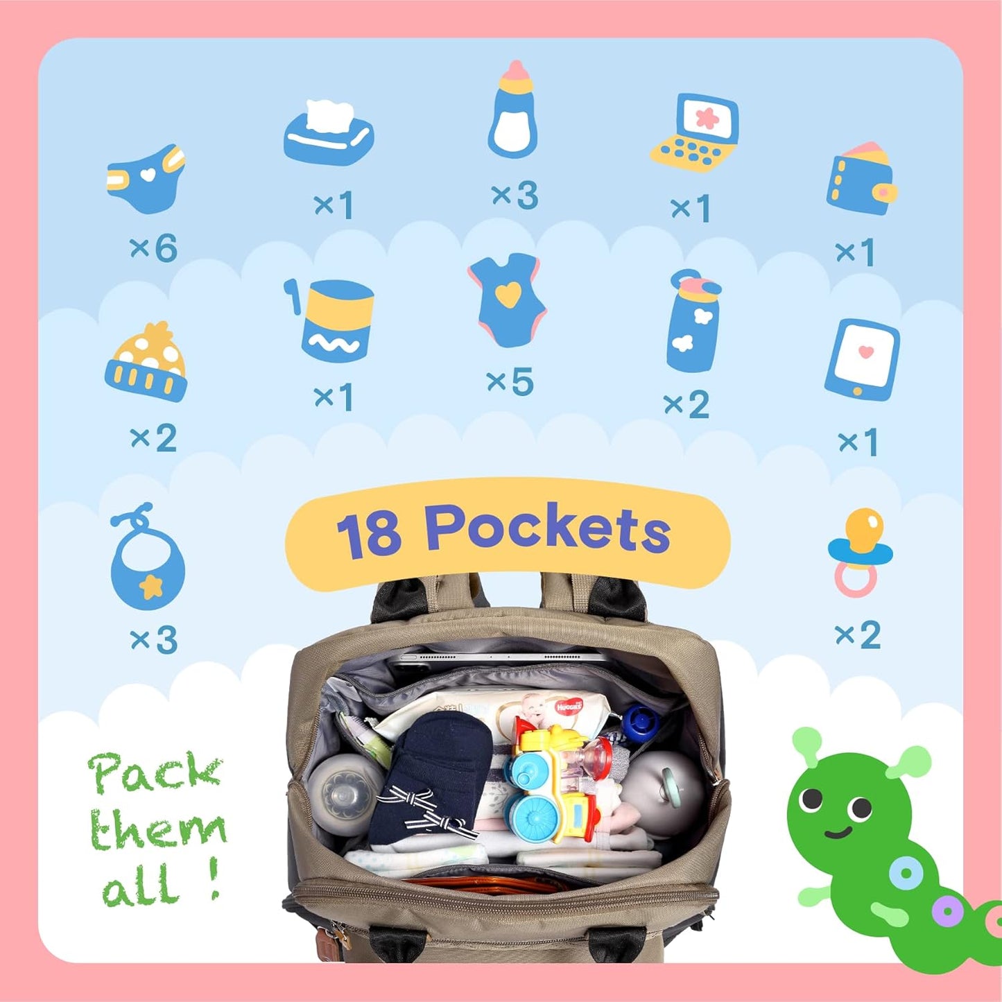 Diaper Bag Backpack, iniuniu Large Baby Bags with Diaper Pouch, Washable Changing Pad, Pacifier Case and Stroller Straps