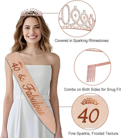 40th Birthday Decorations for Women,32pcs 40th Birthday Party Decorations,Including Backdrop, Crown,Sash,banner, Hanging Swirl,Cake Topper,balloons,Paper Fans,Anniversary Card and paper fans